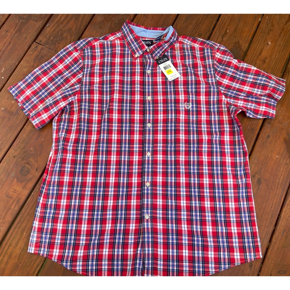 Chaps Ralph Lauren Button Up Shirt Oxford XXL Red Blue Plaid Short Sleeve NWT
